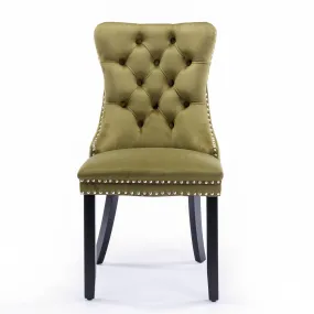 2-Pack Olive-Green Velvet Dining Chairs with Wood Legs & Nailhead Trim