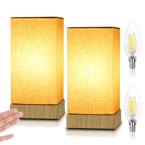 2 Pcs Night Light LED Touch Dimmable Wooden Base Bedside Lamp