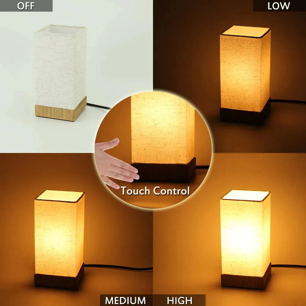 2 Pcs Night Light LED Touch Dimmable Wooden Base Bedside Lamp