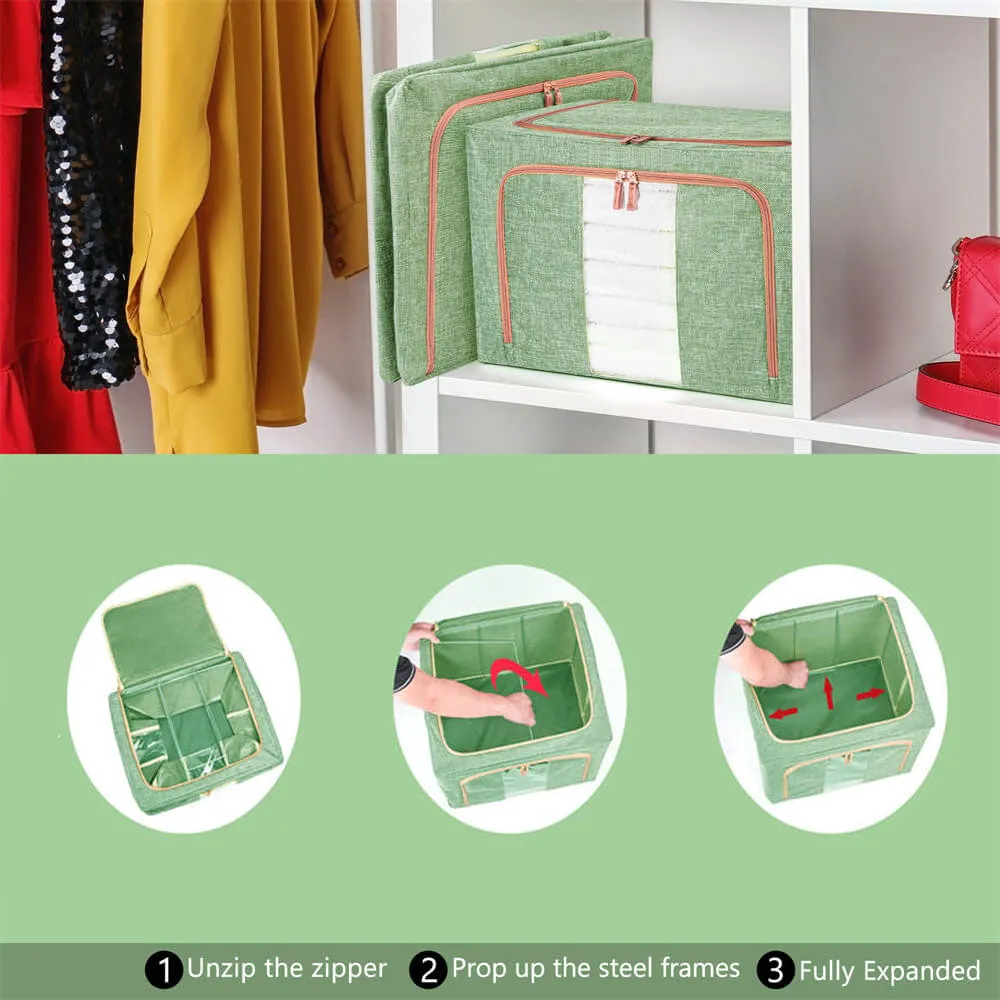 24L Linen Foldable Storage Box with Metal Frame, Green