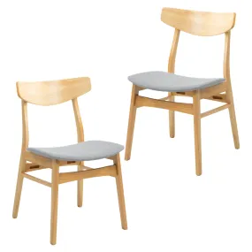 2pc Curvy Back Fabric Seat Dining Chairs, Natural Rubberwood