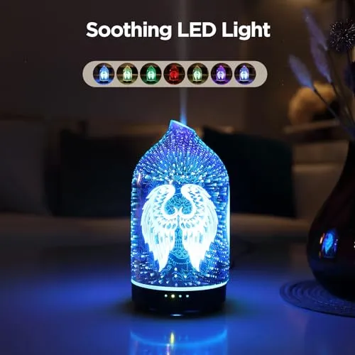 3D Glass Angel Wing Aromatherapy Diffuser 160ml ultrasonic Cool Mist Scent Aroma Essential Oil Diffuser Humidifier with Intermittent Mist & LED 7 Colorful Changing Night Light for Bedroom