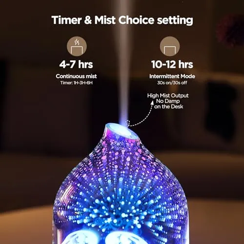 3D Glass Angel Wing Aromatherapy Diffuser 160ml ultrasonic Cool Mist Scent Aroma Essential Oil Diffuser Humidifier with Intermittent Mist & LED 7 Colorful Changing Night Light for Bedroom