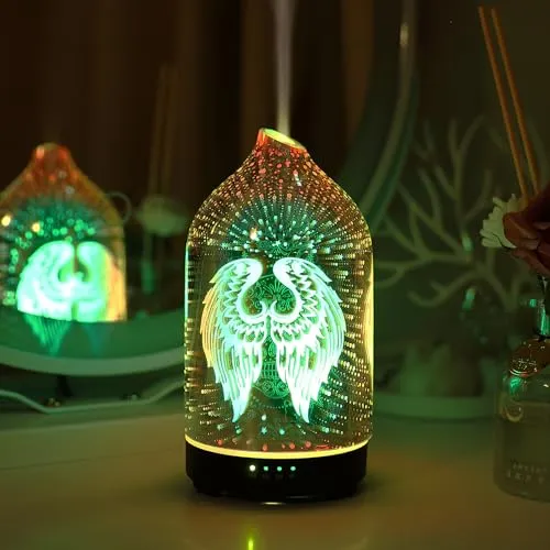 3D Glass Angel Wing Aromatherapy Diffuser 160ml ultrasonic Cool Mist Scent Aroma Essential Oil Diffuser Humidifier with Intermittent Mist & LED 7 Colorful Changing Night Light for Bedroom