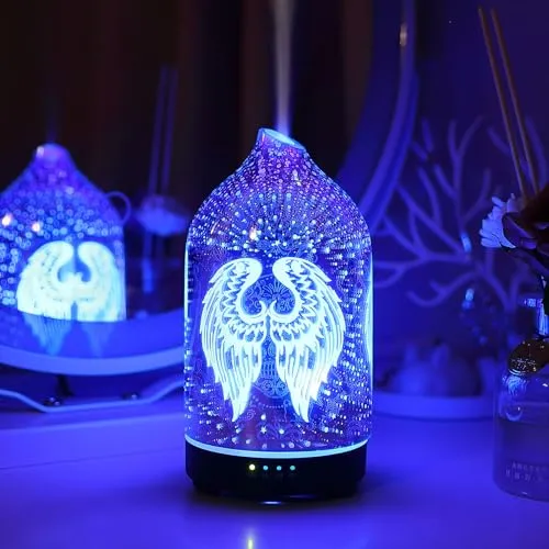 3D Glass Angel Wing Aromatherapy Diffuser 160ml ultrasonic Cool Mist Scent Aroma Essential Oil Diffuser Humidifier with Intermittent Mist & LED 7 Colorful Changing Night Light for Bedroom