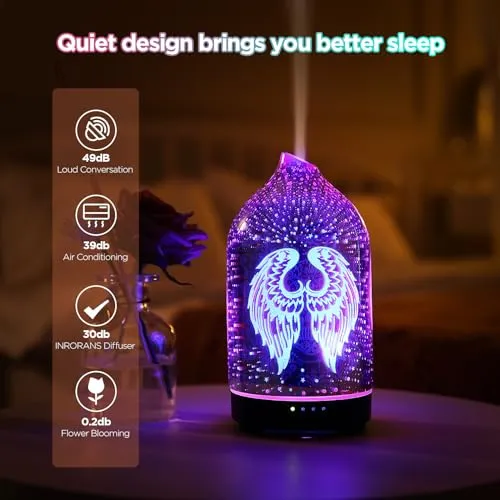 3D Glass Angel Wing Aromatherapy Diffuser 160ml ultrasonic Cool Mist Scent Aroma Essential Oil Diffuser Humidifier with Intermittent Mist & LED 7 Colorful Changing Night Light for Bedroom