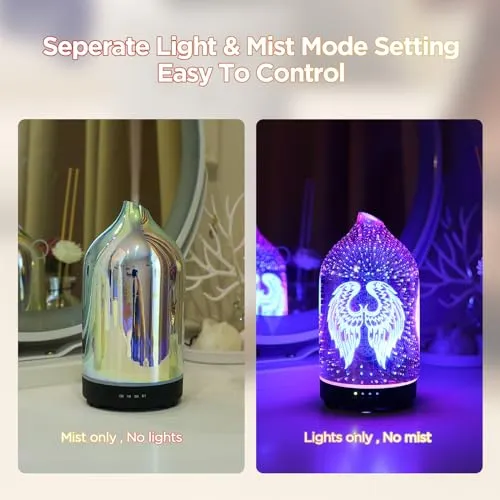 3D Glass Angel Wing Aromatherapy Diffuser 160ml ultrasonic Cool Mist Scent Aroma Essential Oil Diffuser Humidifier with Intermittent Mist & LED 7 Colorful Changing Night Light for Bedroom