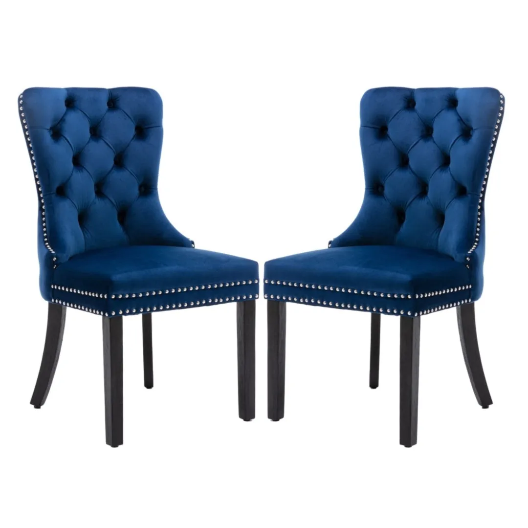 4x Velvet Tufted Dining Chairs with High Back & Wood Legs