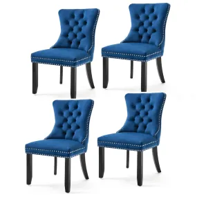 4x Velvet Tufted Dining Chairs with High Back & Wood Legs