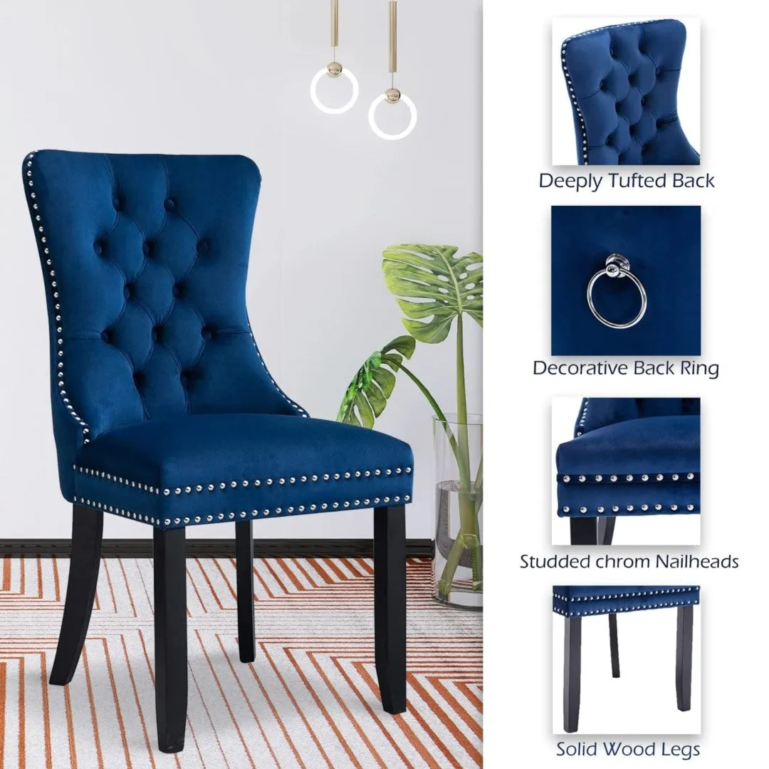 4x Velvet Tufted Dining Chairs with High Back & Wood Legs