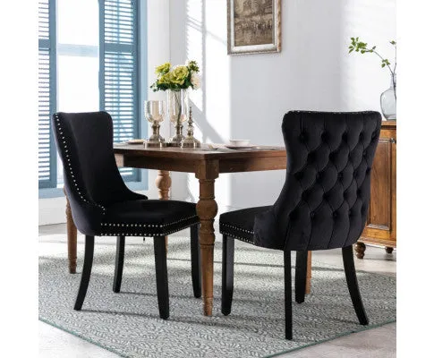 6x Velvet Upholstered Dining Chairs Tufted Wingback Side Chair with Studs Trim Solid Wood Legs for Kitchen