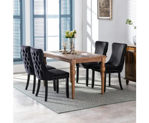 6x Velvet Upholstered Dining Chairs Tufted Wingback Side Chair with Studs Trim Solid Wood Legs for Kitchen