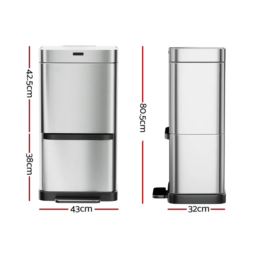 70L Dual Compartment Motion Sensor Bin Stainless Steel Devanti