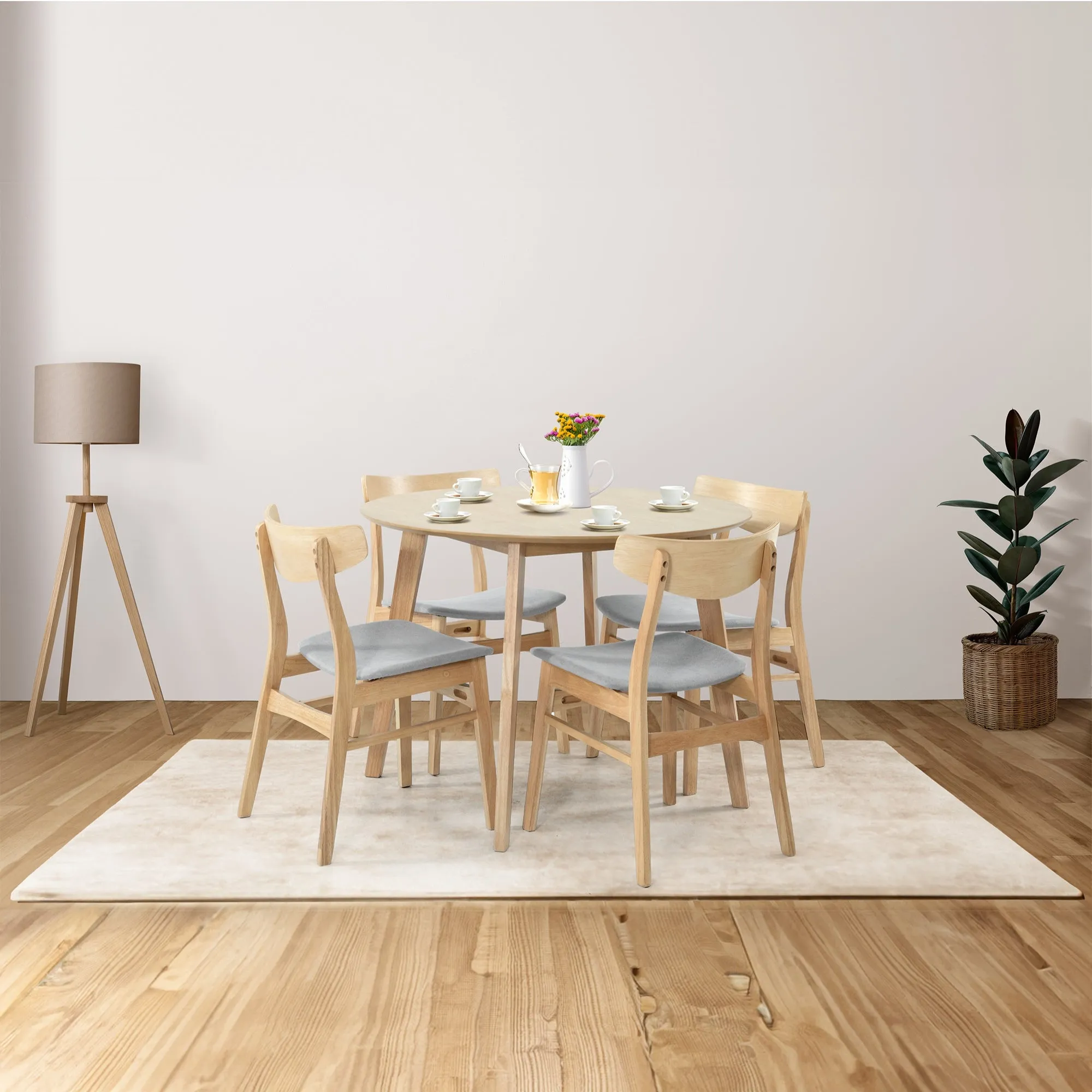 8pc Natural Rubberwood Dining Chairs, Fabric Seat, Scandinavian