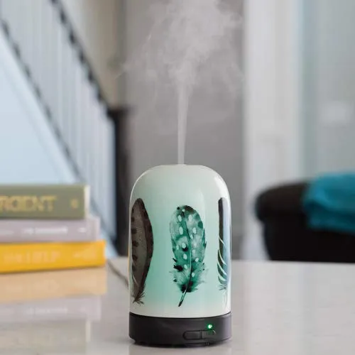 Airomé Feather Porcelain Essential Oil Diffuser|100 mL Humidifying Ultrasonic Aromatherapy Diffuser 8 Colorful LED Lights, Intermittent & Continual Mist Auto Shut-Off, Black and White