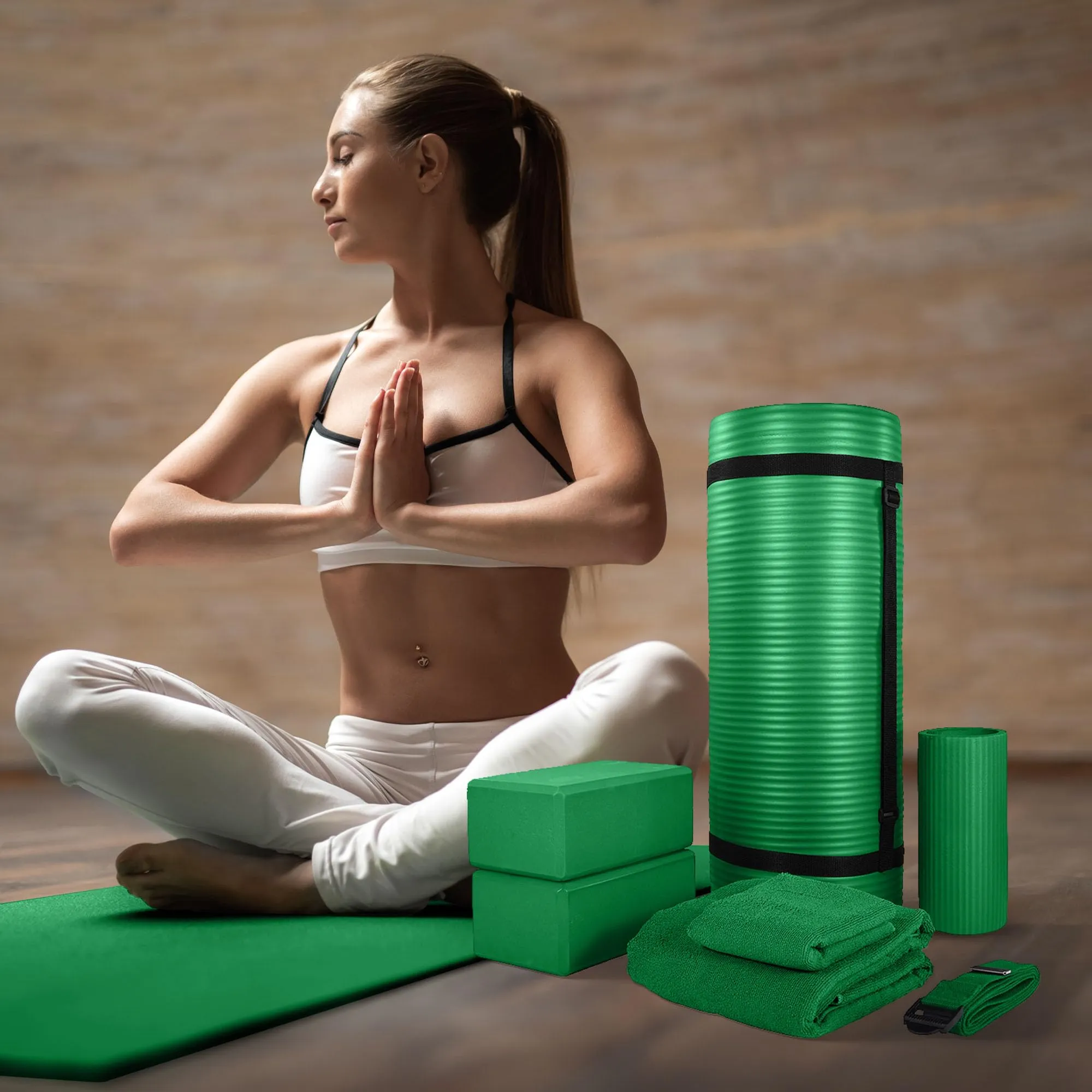 BalanceFrom 7-Piece Home Gym Yoga Set with 1-Inch Thick Yoga Mat, 2 Yoga Blocks, Mat Towel, Hand Towel, Stretch Strap & Knee Pad, Green