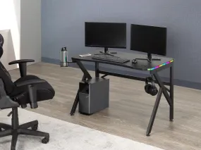 Black Gaming Office Desk With LED, Touch Control, Wireless Charging Ports, Cup & Headset Holders- Model #8002B