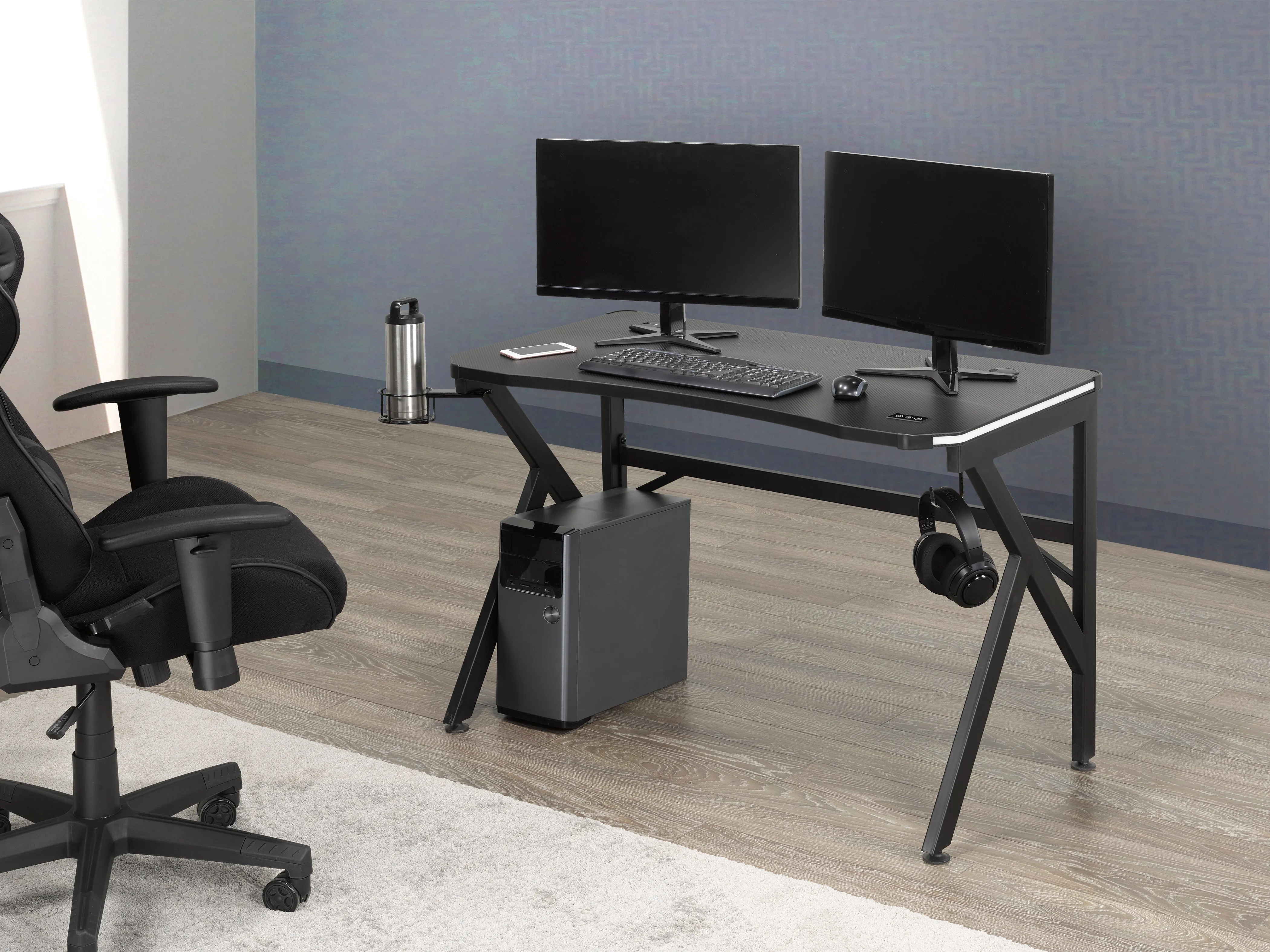 Black Gaming Office Desk With LED, Touch Control, Wireless Charging Ports, Cup & Headset Holders- Model #8002B