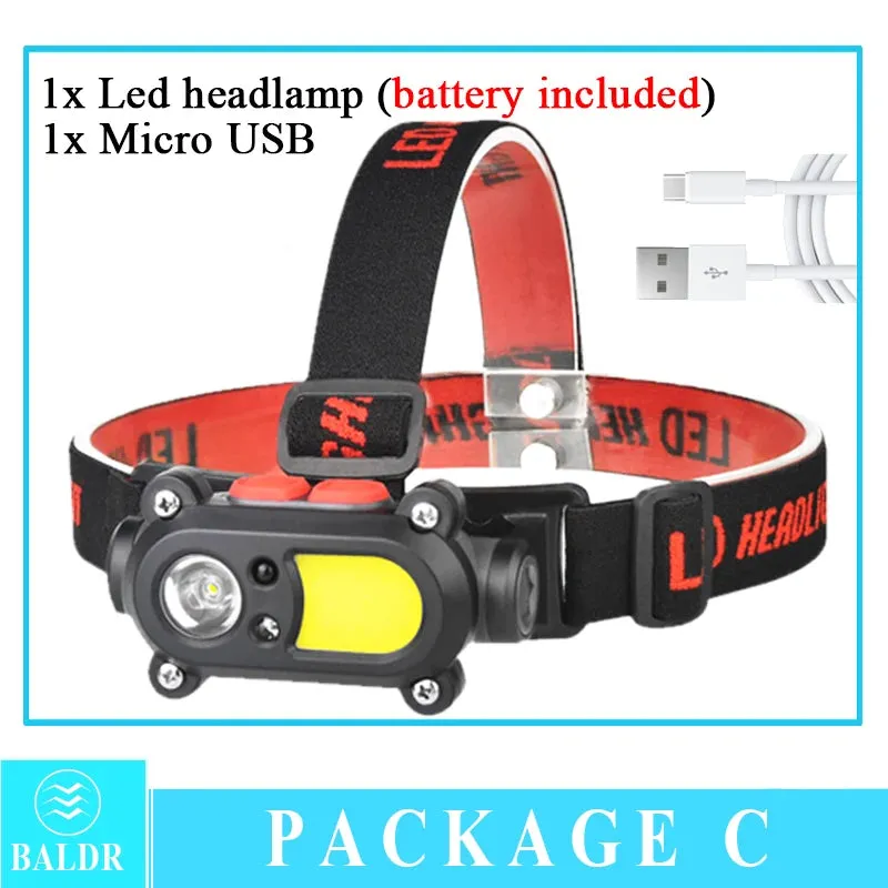 COB Induction Headlamp Multi Mode Dual Light Source lamp USB Charging Built In Battery Night Running Night Fishing torch