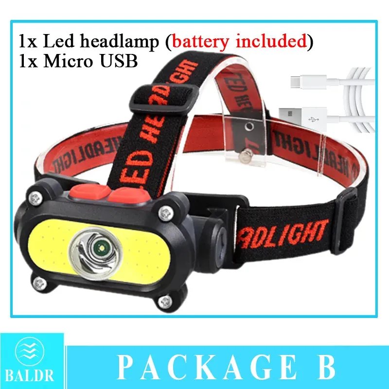 COB Induction Headlamp Multi Mode Dual Light Source lamp USB Charging Built In Battery Night Running Night Fishing torch