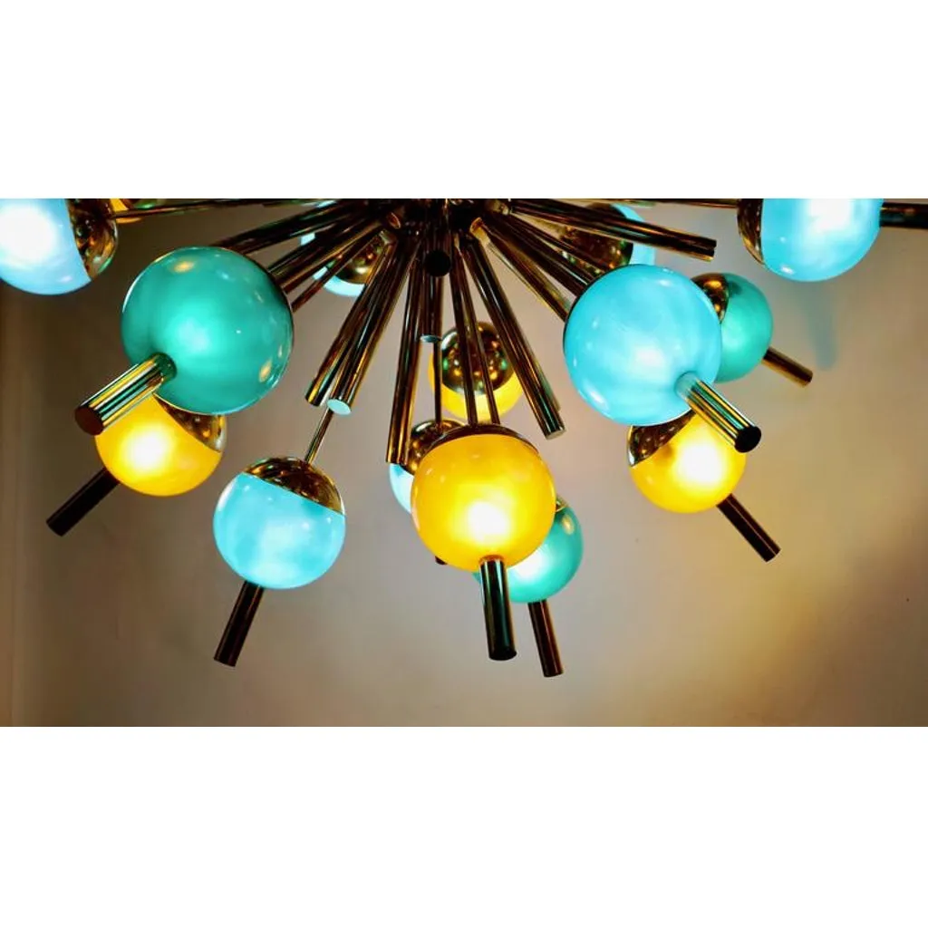 Custom Italian Green Turquoise Gold Murano Glass Brass Sputnik Globe Chandelier