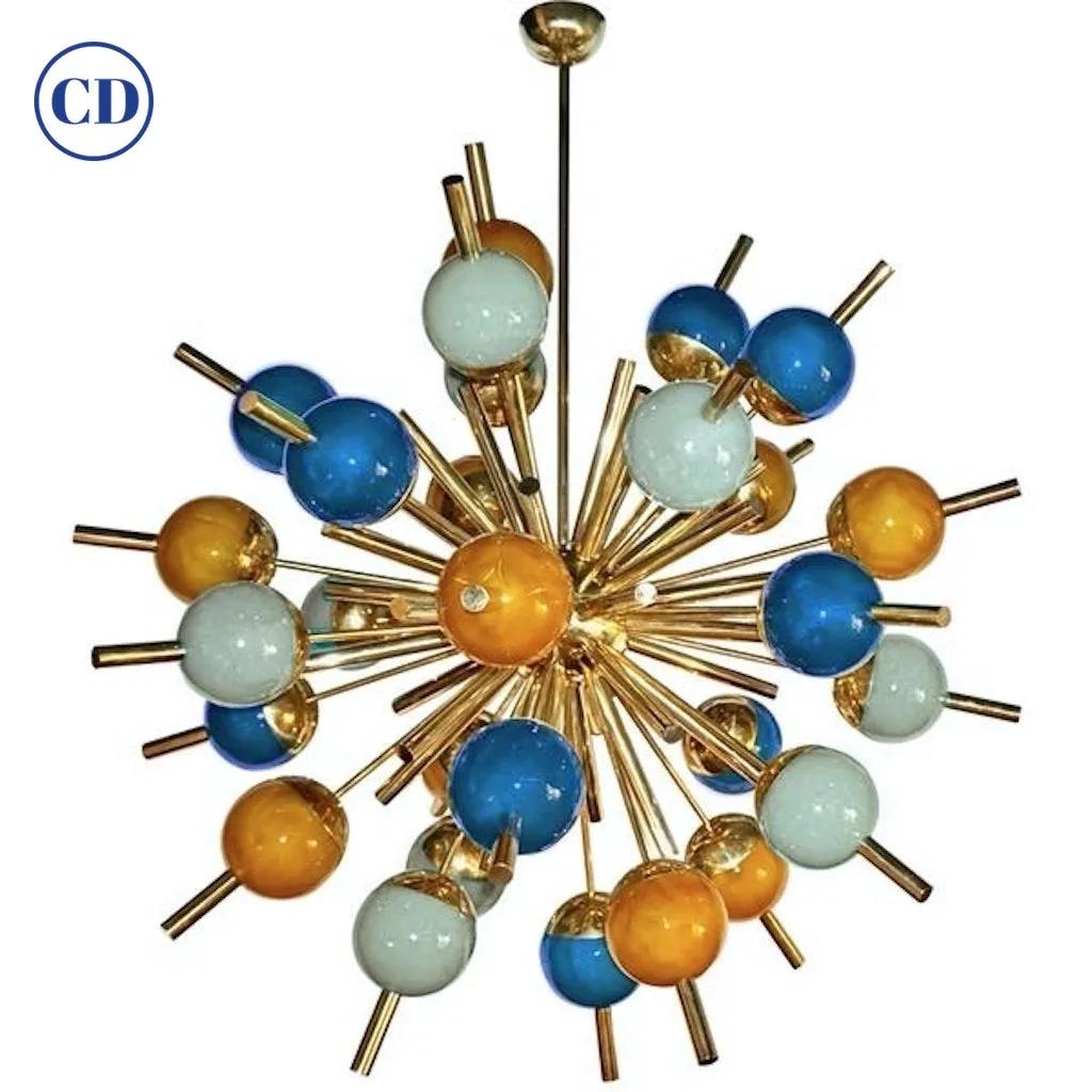 Custom Italian Green Turquoise Gold Murano Glass Brass Sputnik Globe Chandelier