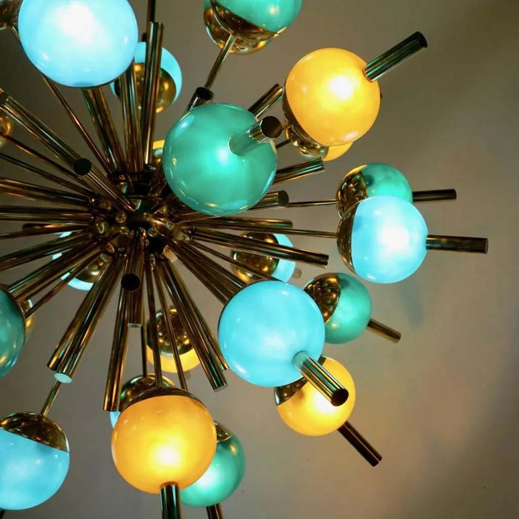 Custom Italian Green Turquoise Gold Murano Glass Brass Sputnik Globe Chandelier