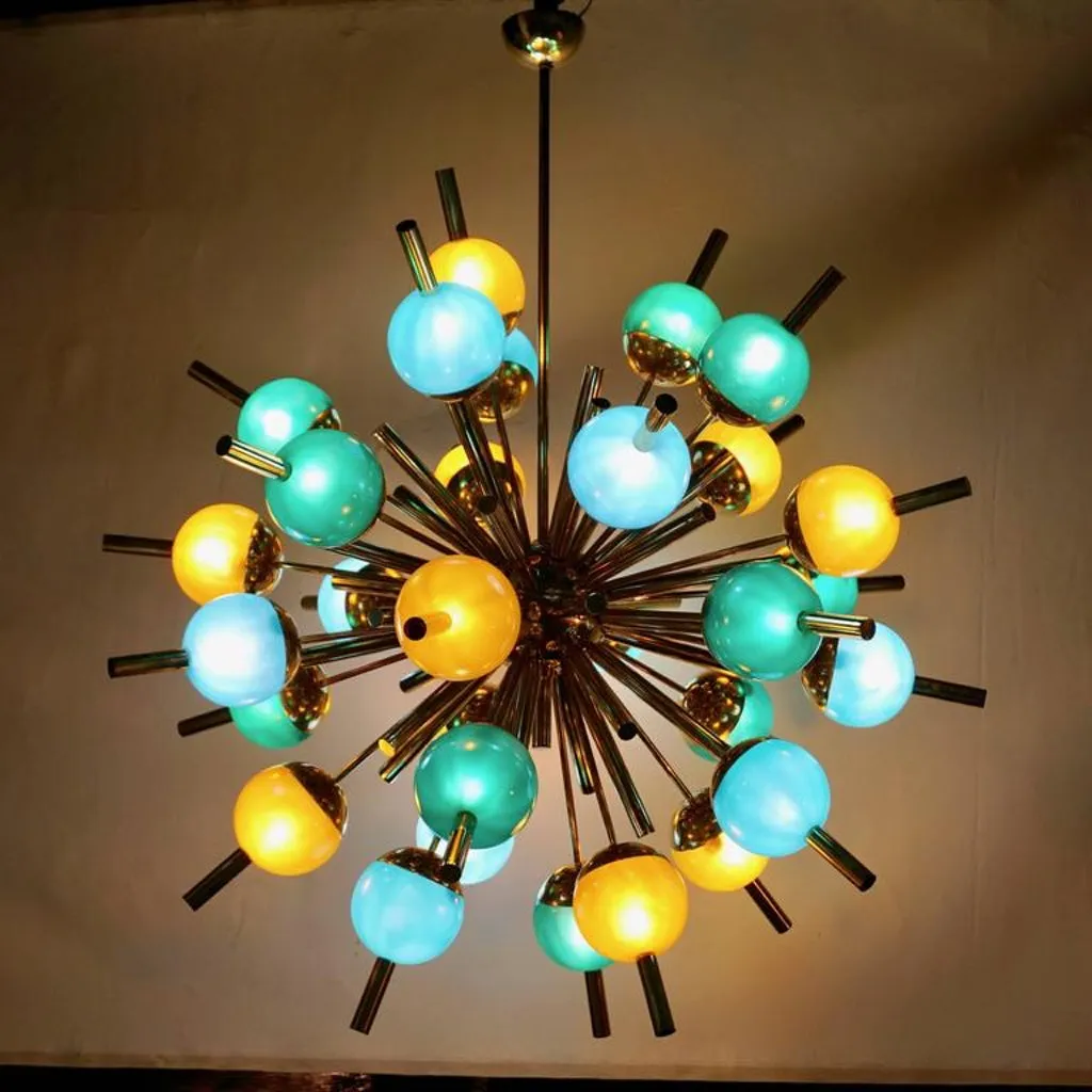 Custom Italian Green Turquoise Gold Murano Glass Brass Sputnik Globe Chandelier