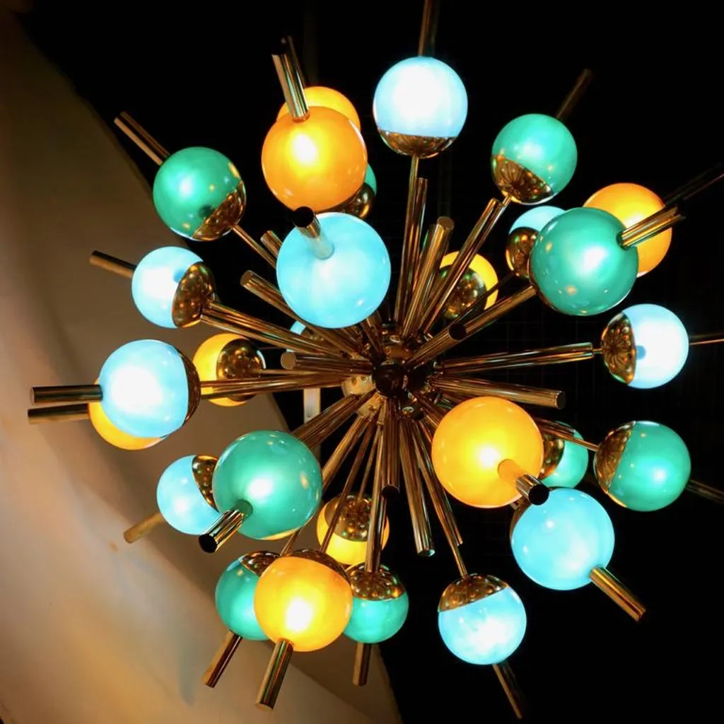 Custom Italian Green Turquoise Gold Murano Glass Brass Sputnik Globe Chandelier