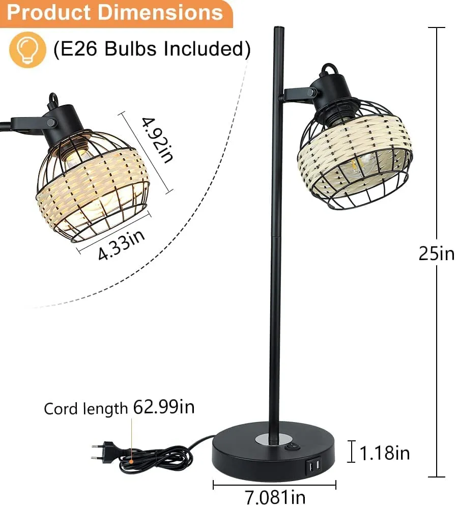 Depuley Industrial Beside Table Lamp with 2 USB Ports, Adjustable Modern Metal Nightstand Desk Lamp, 3000K Warm Light with Rattan Shade