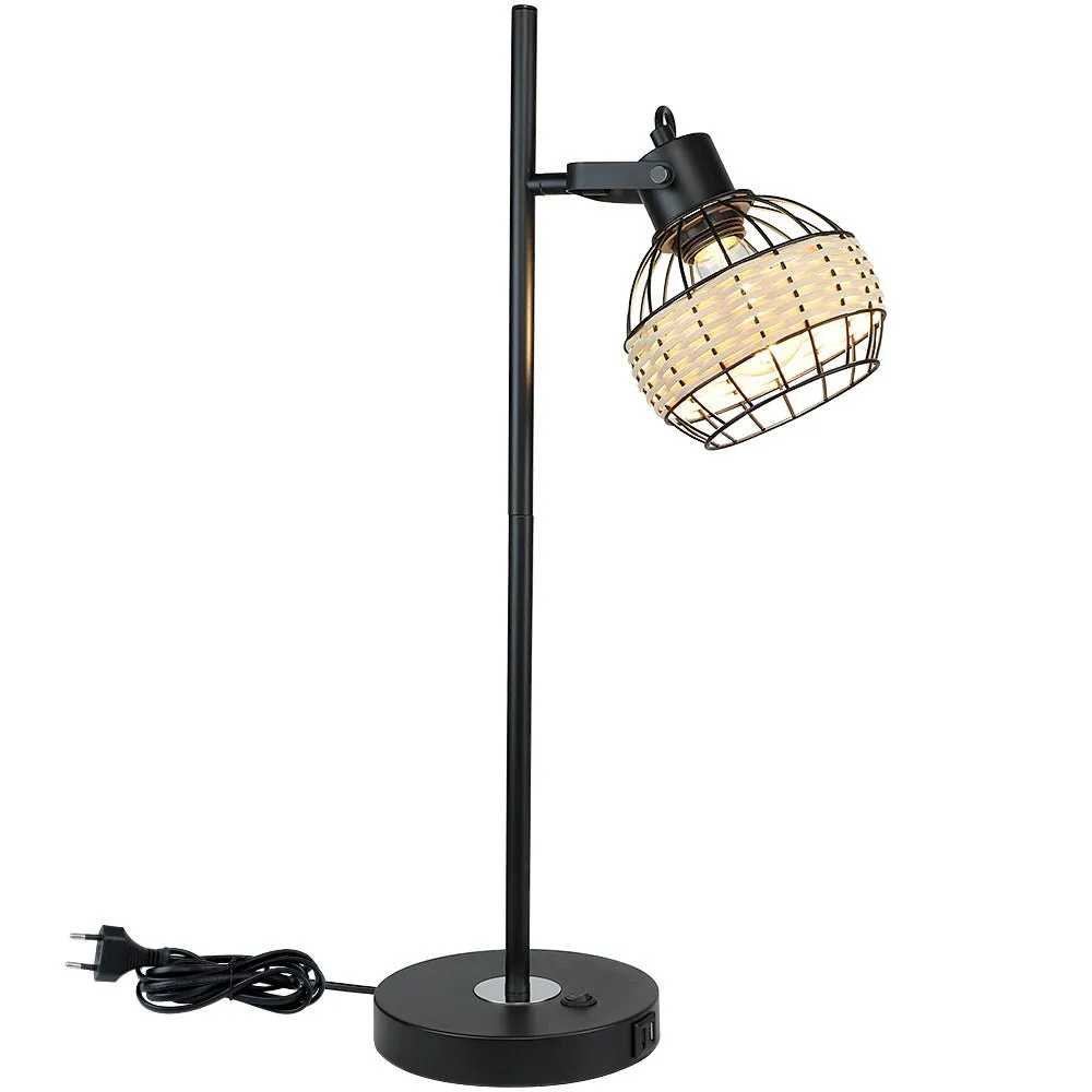 Depuley Industrial Beside Table Lamp with 2 USB Ports, Adjustable Modern Metal Nightstand Desk Lamp, 3000K Warm Light with Rattan Shade