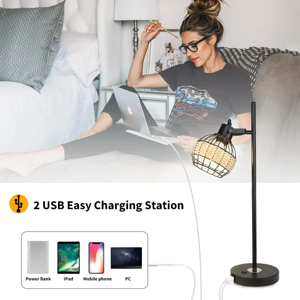 Depuley Industrial Beside Table Lamp with 2 USB Ports, Adjustable Modern Metal Nightstand Desk Lamp, 3000K Warm Light with Rattan Shade