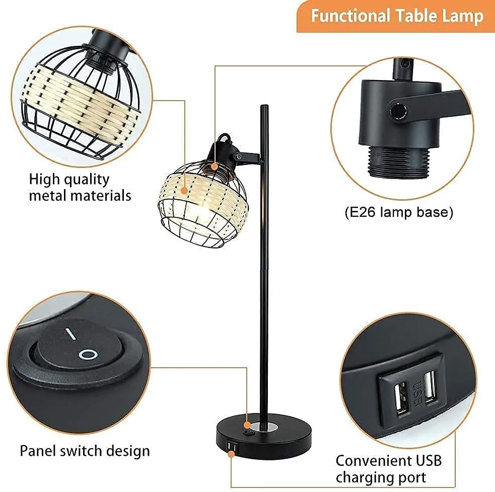 Depuley Industrial Beside Table Lamp with 2 USB Ports, Adjustable Modern Metal Nightstand Desk Lamp, 3000K Warm Light with Rattan Shade