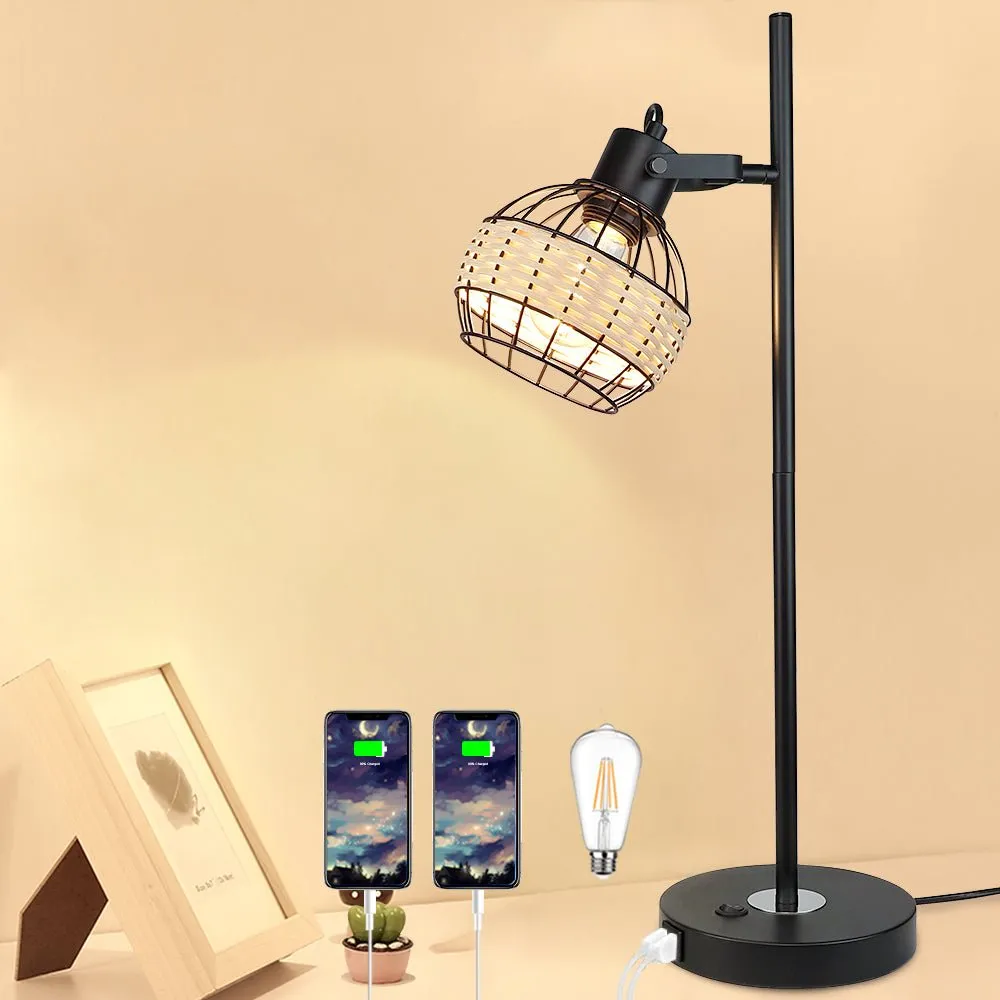 Depuley Industrial Beside Table Lamp with 2 USB Ports, Adjustable Modern Metal Nightstand Desk Lamp, 3000K Warm Light with Rattan Shade