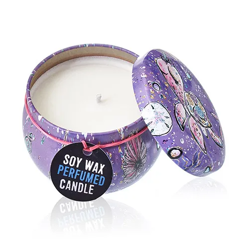 Eco-Friendly Art Tin Candle - Sea Life Design - Raspberry Scent | Long-Lasting & Natural Soy Wax