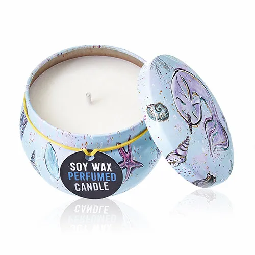 Eco-Friendly Art Tin Candle - Sea Life Design - Raspberry Scent | Long-Lasting & Natural Soy Wax