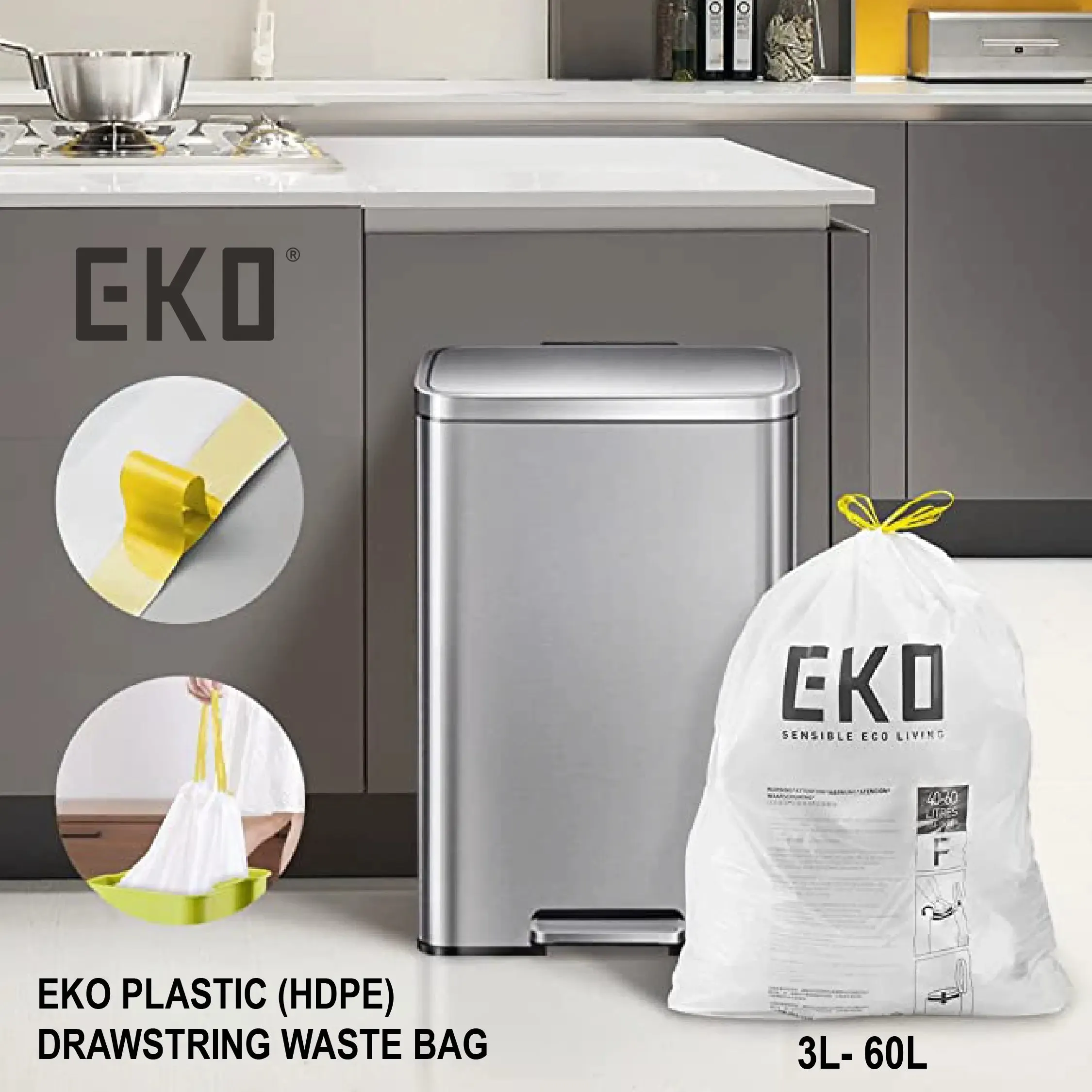 EKO | Drawstring Trash Bags | Waste Bags | Garbage Bags | Integrated Drawcord | Extra Strong | Tear Resistant | 3L-60L