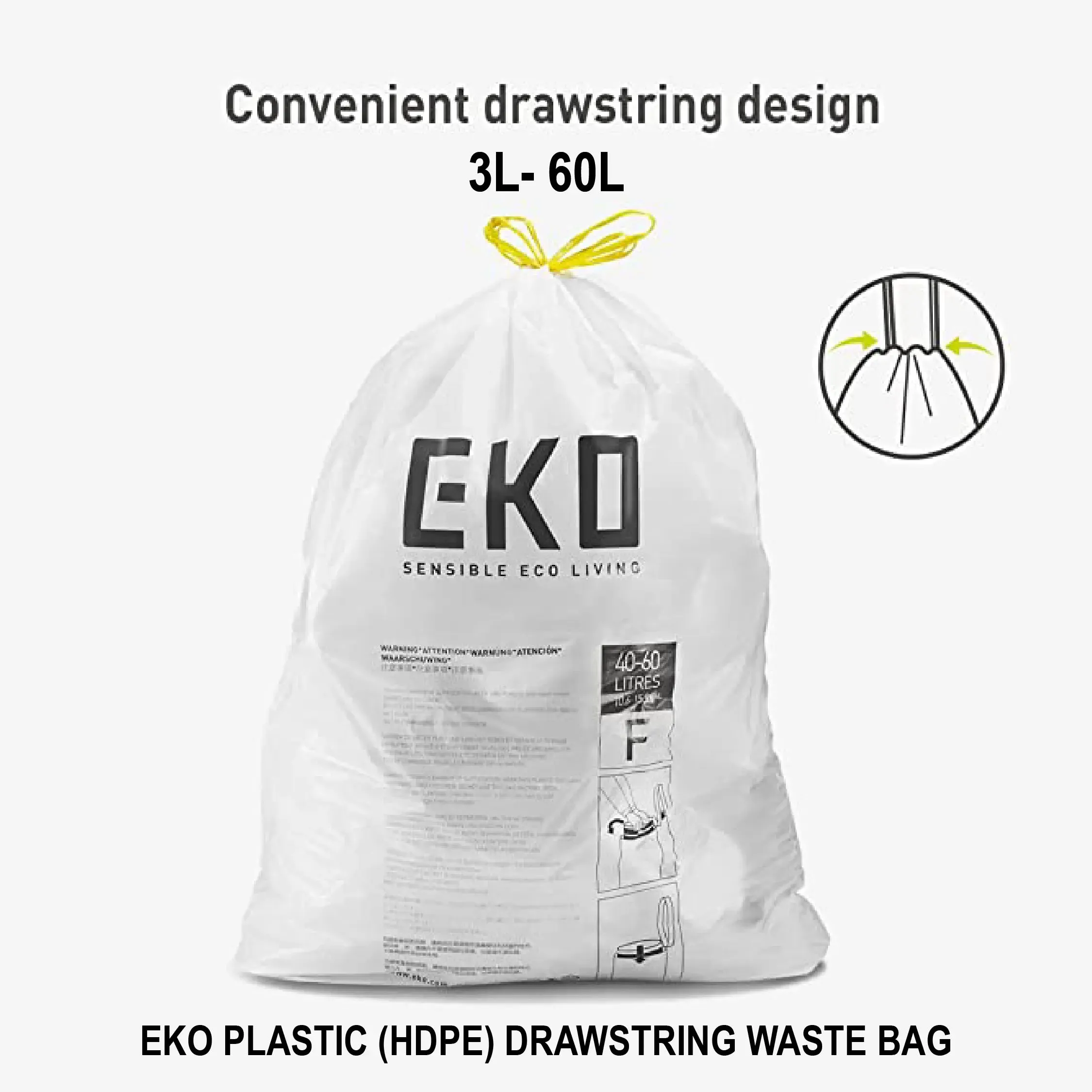 EKO | Drawstring Trash Bags | Waste Bags | Garbage Bags | Integrated Drawcord | Extra Strong | Tear Resistant | 3L-60L