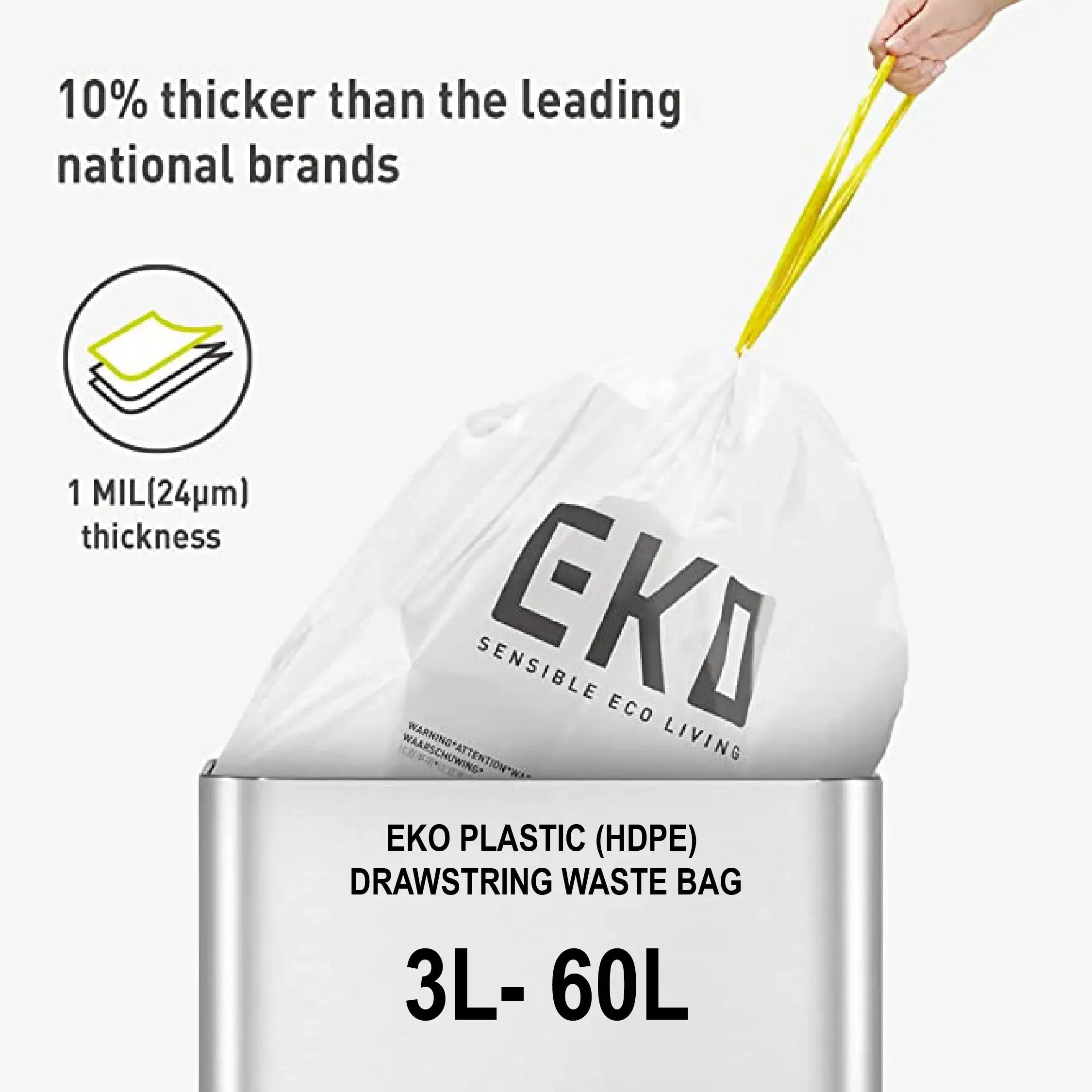 EKO | Drawstring Trash Bags | Waste Bags | Garbage Bags | Integrated Drawcord | Extra Strong | Tear Resistant | 3L-60L