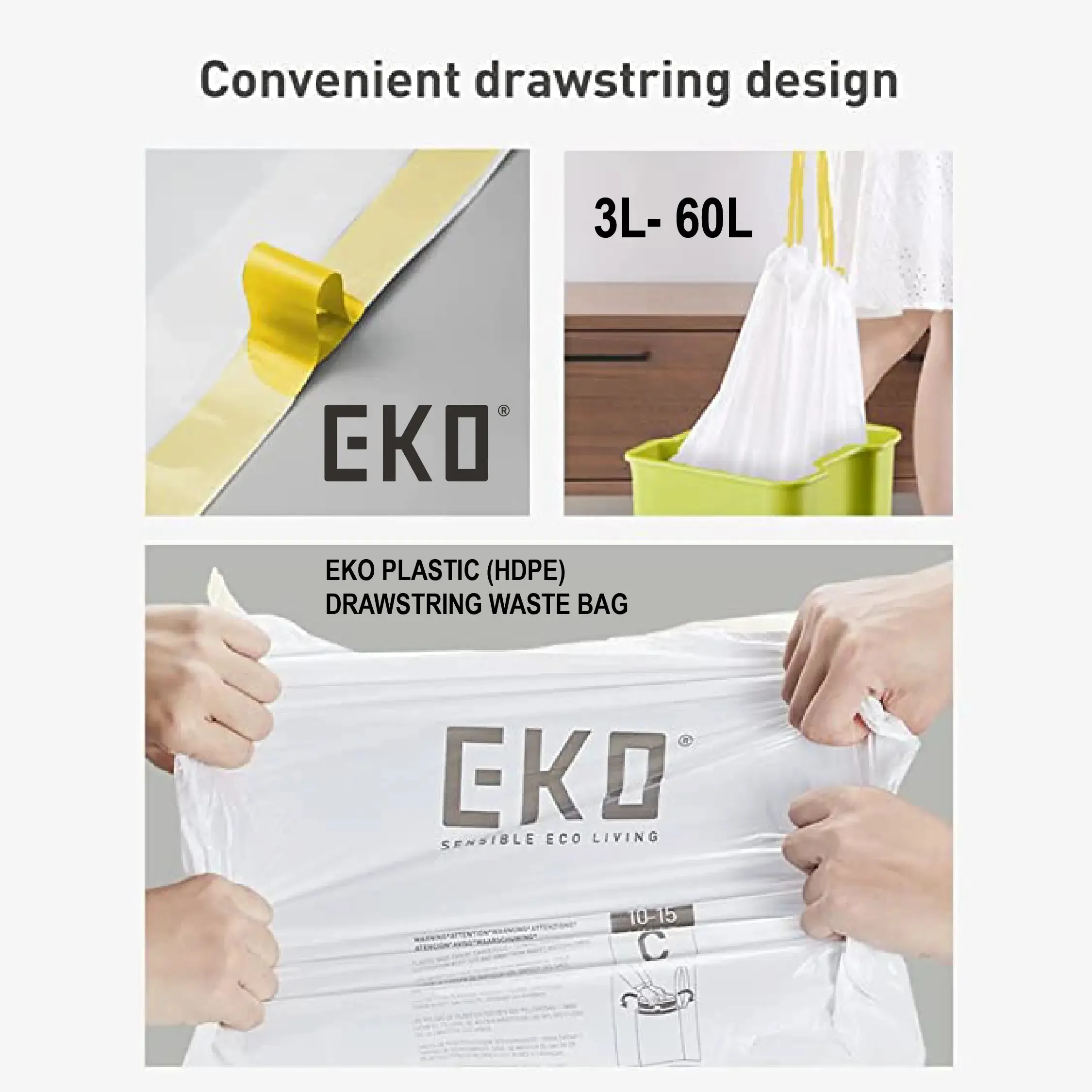 EKO | Drawstring Trash Bags | Waste Bags | Garbage Bags | Integrated Drawcord | Extra Strong | Tear Resistant | 3L-60L