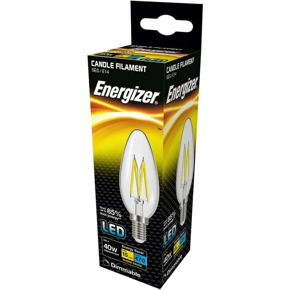 Energizer LED Candle Filament 5W = 40W SES / E14 Warm White Bulb (Dimmable)