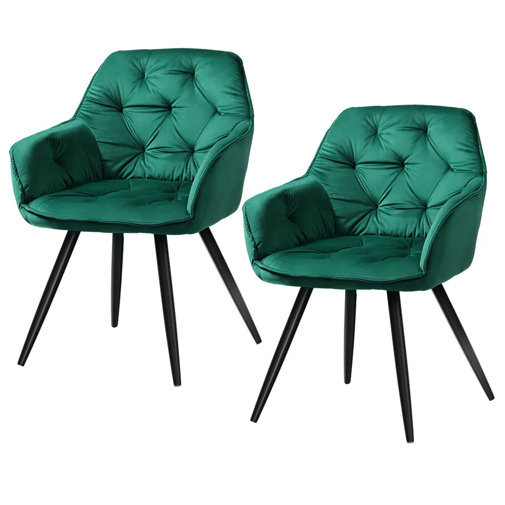 Everly Set of 2 Dining Chairs Velvet Diamond Tufted Armchair - Green