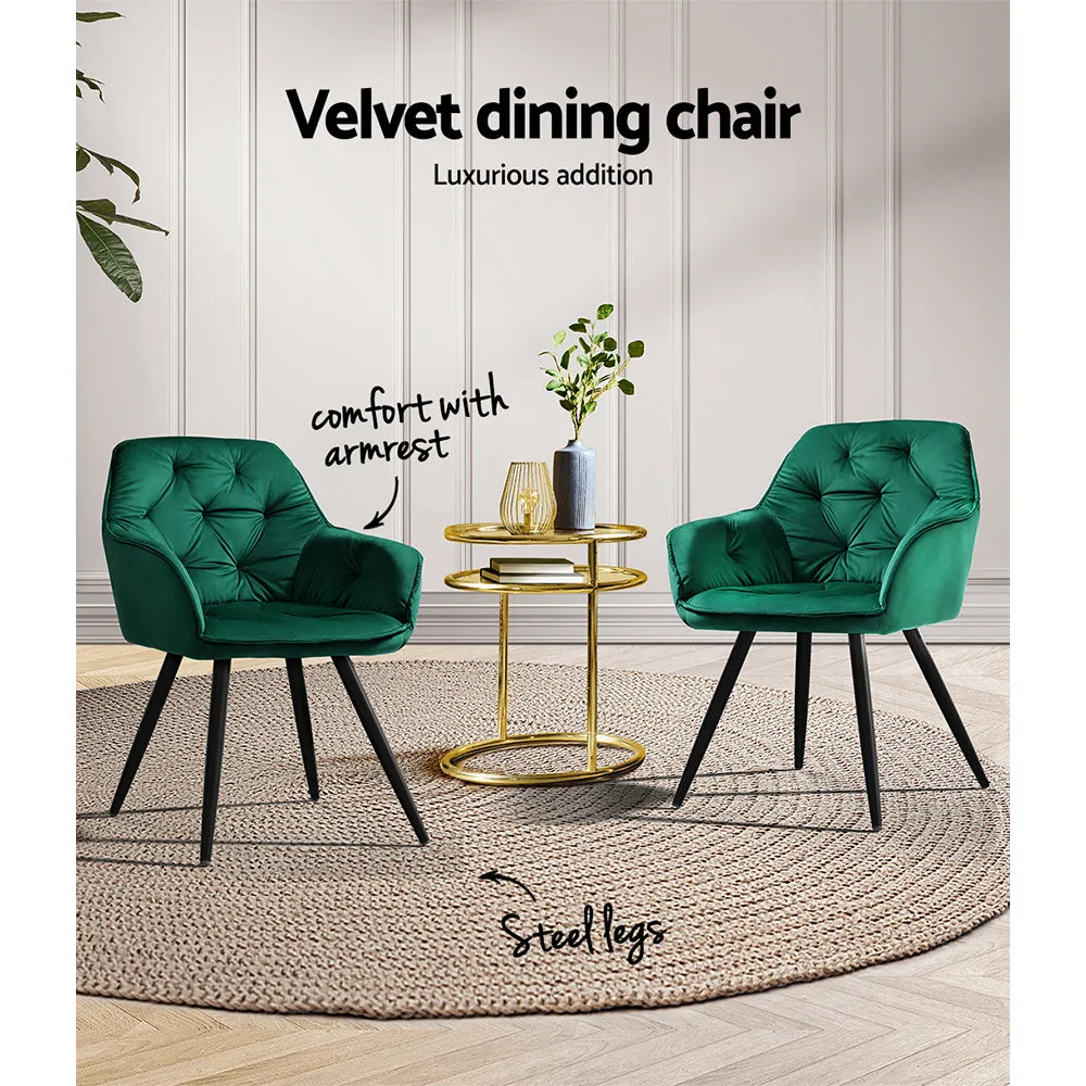 Everly Set of 2 Dining Chairs Velvet Diamond Tufted Armchair - Green