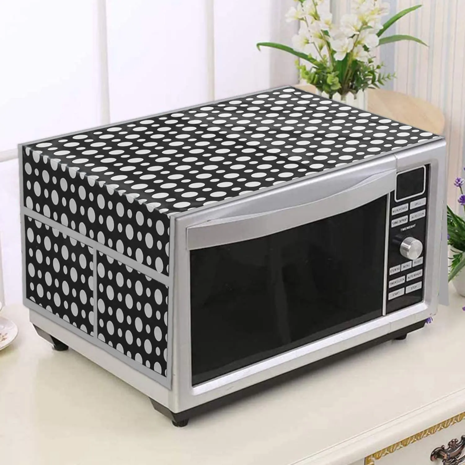 Heart Home Dot Printed PVC Microwave Oven Top Dust Oil Proof Cover, Protective Cover with 4 Utility Pockets (Black)