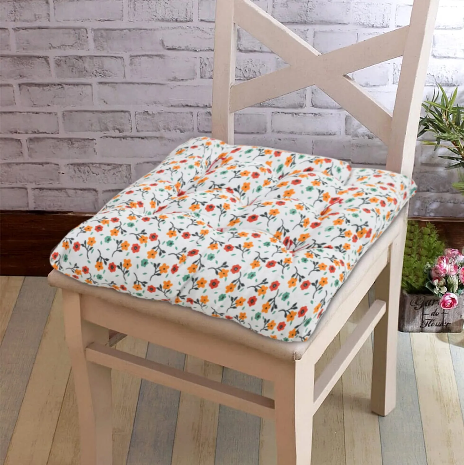 Heart Home Flower Printed Microfiber Durable, Comfortable & Soft Square Chair Pad/Cushion/Seat Pad with Ties, 18 * 18 Inch- Pack of 4 (White)