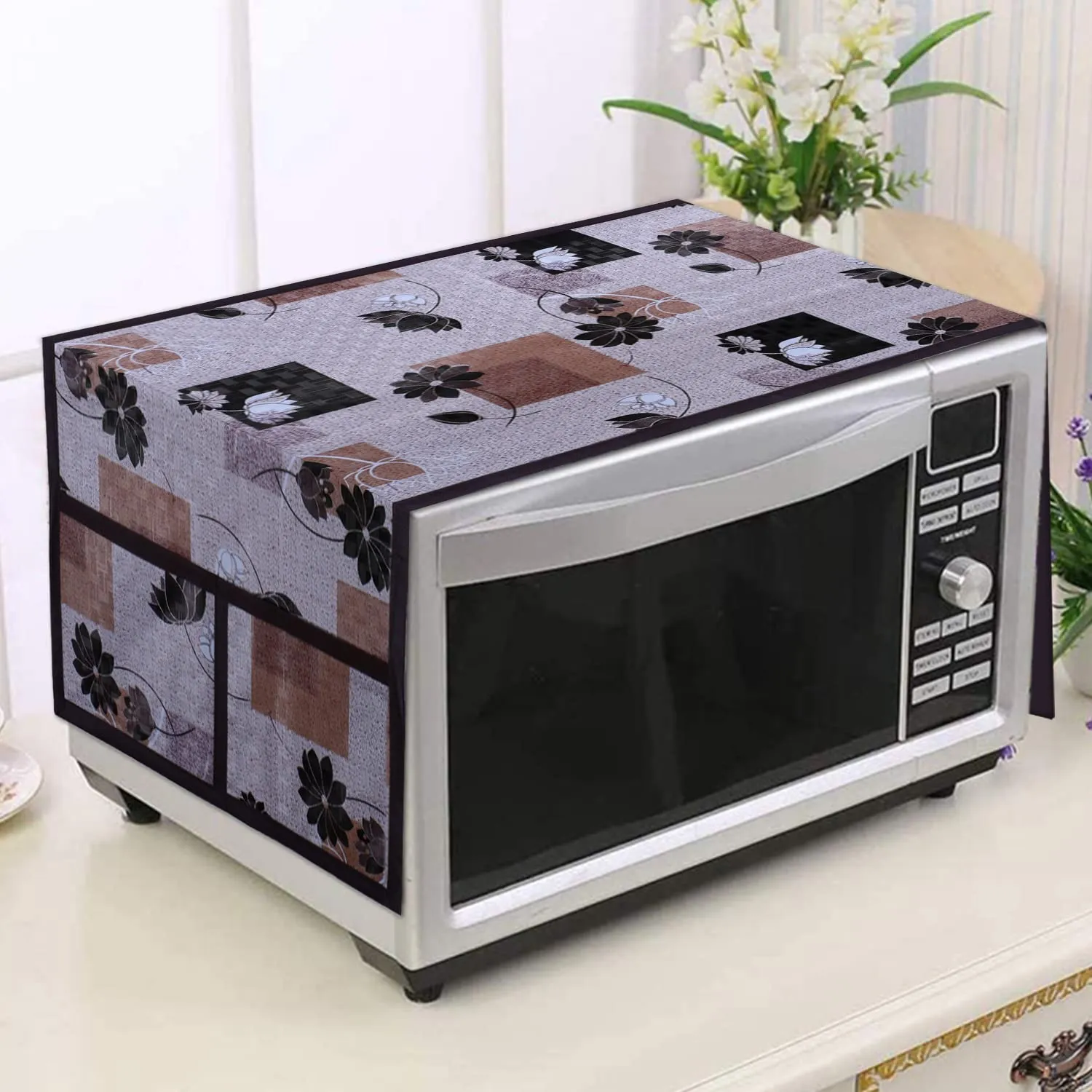 Heart Home Flower Printed PVC Microwave Oven Top Dust Oil Proof Cover, Protective Cover with 4 Utility Pockets (Pink)