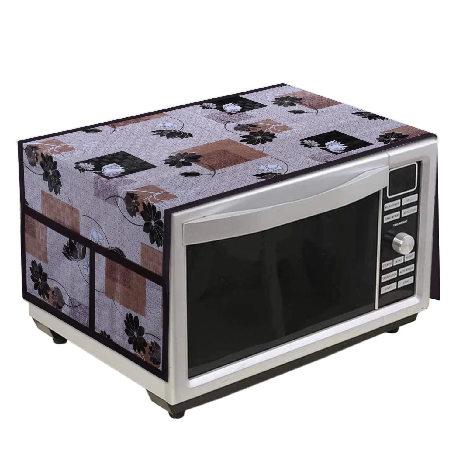 Heart Home Flower Printed PVC Microwave Oven Top Dust Oil Proof Cover, Protective Cover with 4 Utility Pockets (Pink)