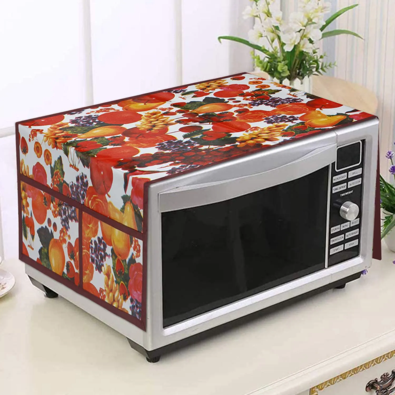 Heart Home Fruit Printed PVC Microwave Oven Top Dust Oil Proof Cover, Protective Cover with 4 Utility Pockets (Multicolor)