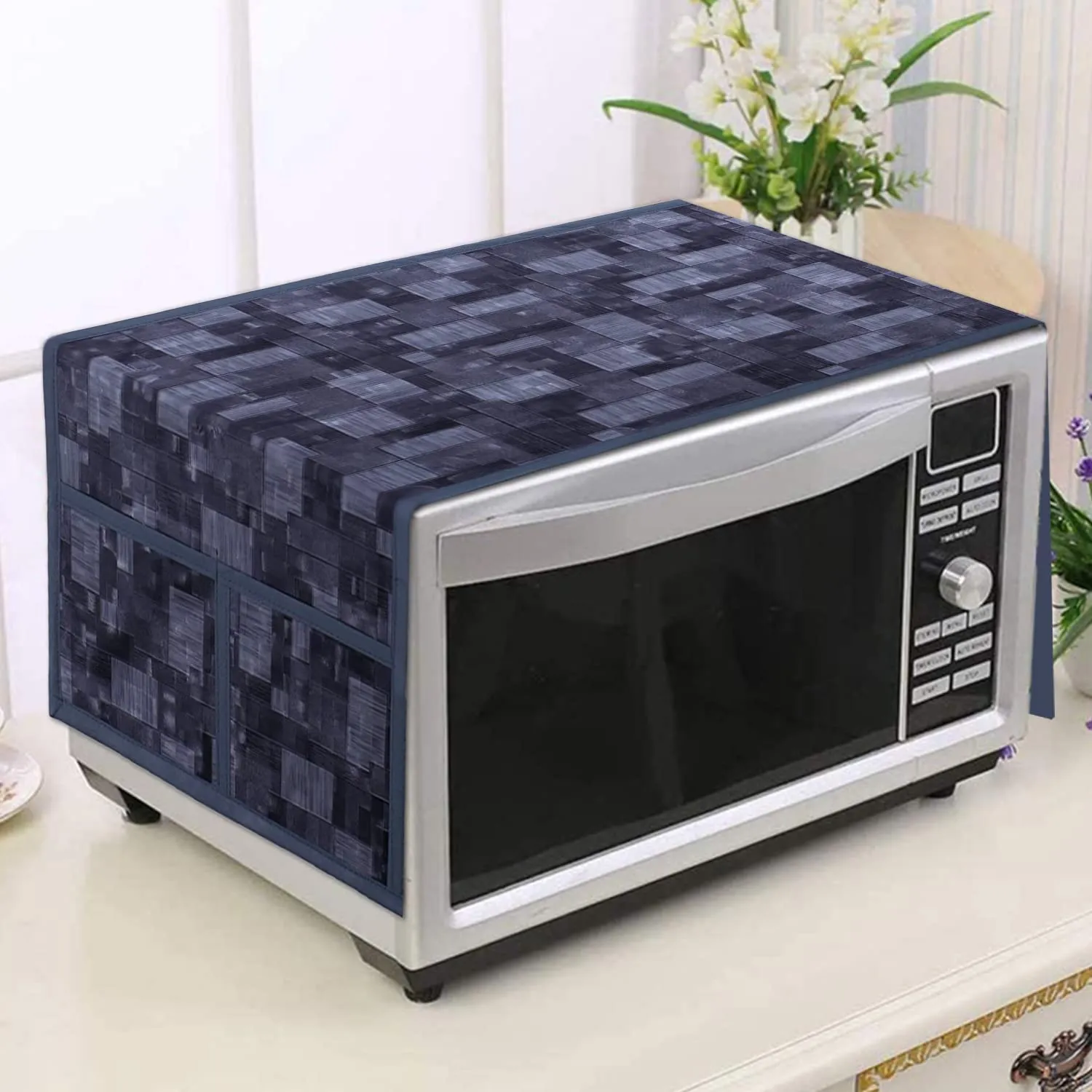 Heart Home Wooden Check Printed PVC Microwave Oven Top Dust Oil Proof Cover, Protective Cover with 4 Utility Pockets (Grey)