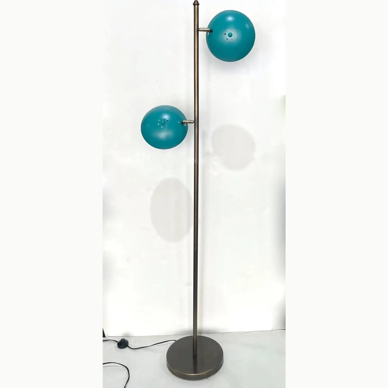 Italian Mid Century Modern Style Sea Blue Lacquer Adjustable Bronzed Floor Lamp